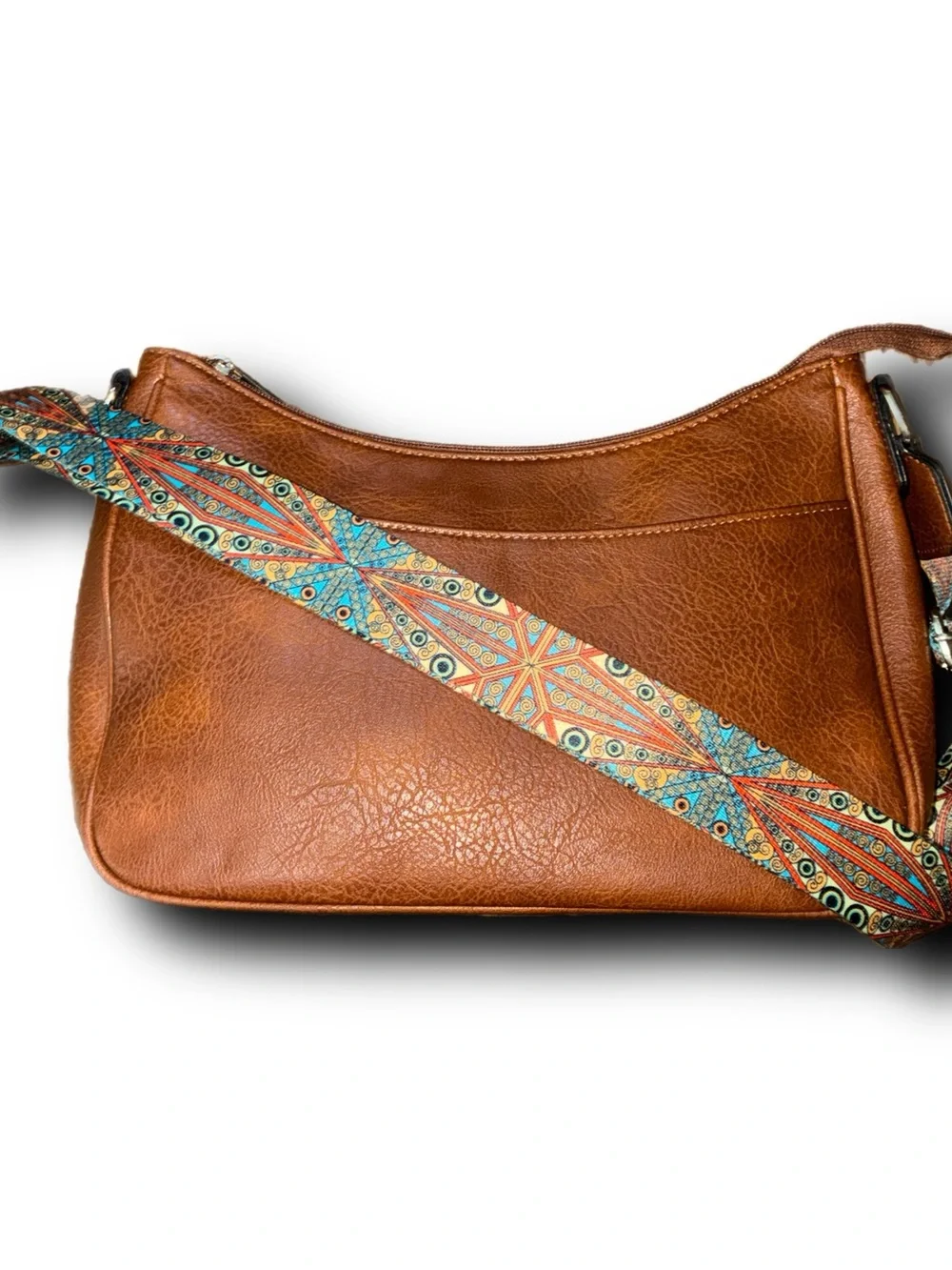 Brown Faux Leather Shoulder Bag with Boho Patterned Guitar Style Strap Fall